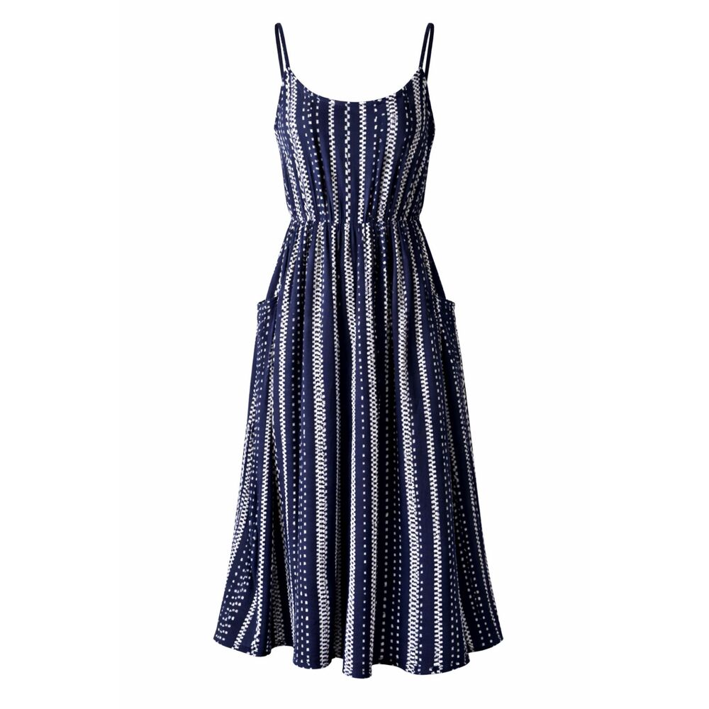 Cabi Blue & White Striped Sleeveless Midi Dress Size S Flowy Pockets